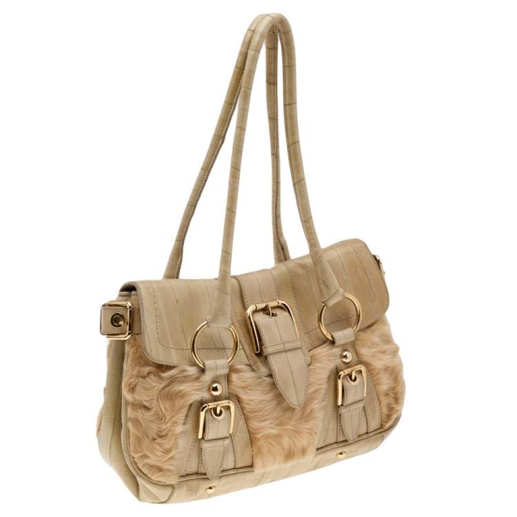 Pre Owned Dolce & Gabbana Beige Eel Leather and Fur Satchel