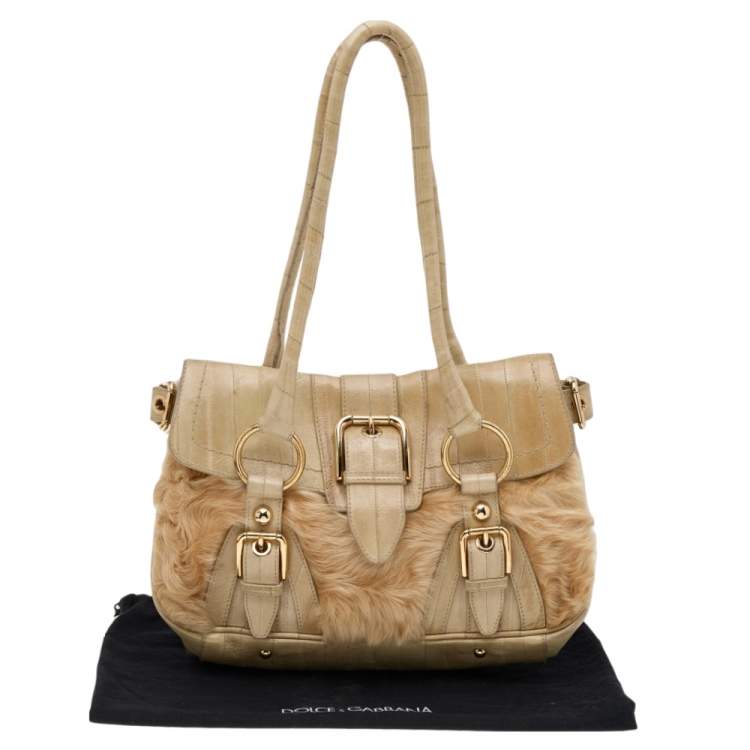 Pre Owned Dolce & Gabbana Beige Eel Leather and Fur Satchel
