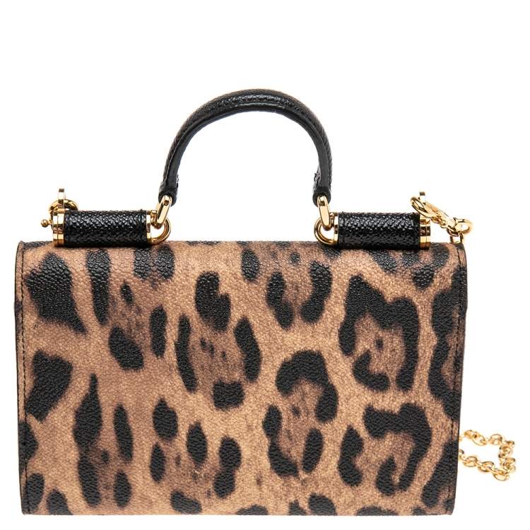 Pre Owned Dolce & Gabbana Brown/Black Leopard Print Coated Canvas Miss Sicily Von Wallet on Chain