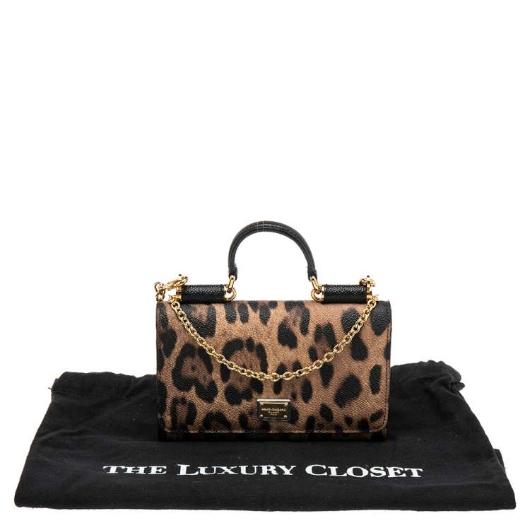 Pre Owned Dolce & Gabbana Brown/Black Leopard Print Coated Canvas Miss Sicily Von Wallet on Chain