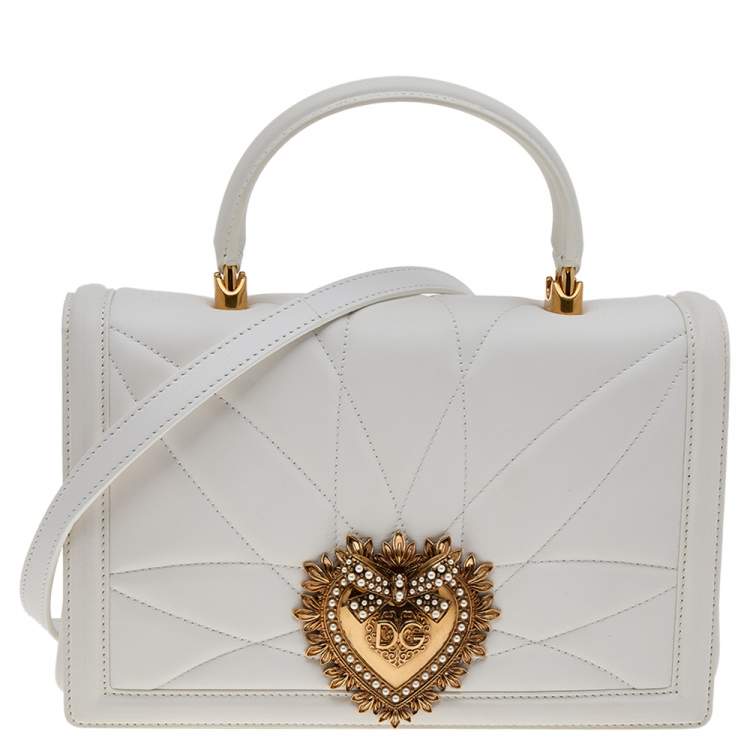 Pre Owned Dolce & Gabbana White Matelassé Leather Devotion Top Handle Bag