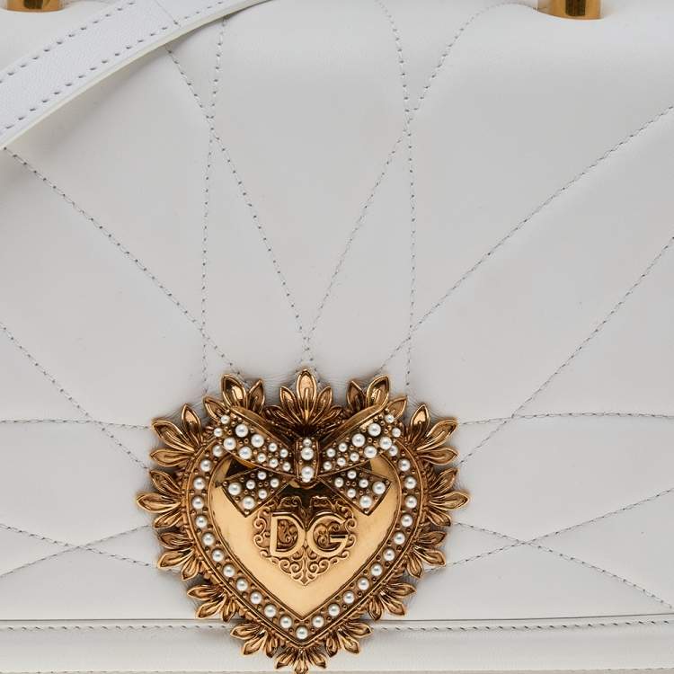 Pre Owned Dolce & Gabbana White Matelassé Leather Devotion Top Handle Bag