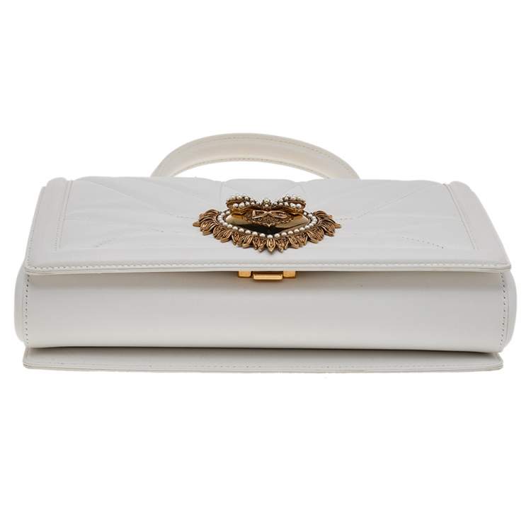 Pre Owned Dolce & Gabbana White Matelassé Leather Devotion Top Handle Bag