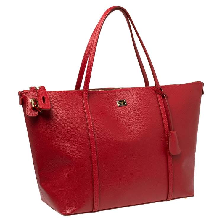 Pre Owned Dolce & Gabbana Red Leather Miss Escape Top Zip Shopper Tote