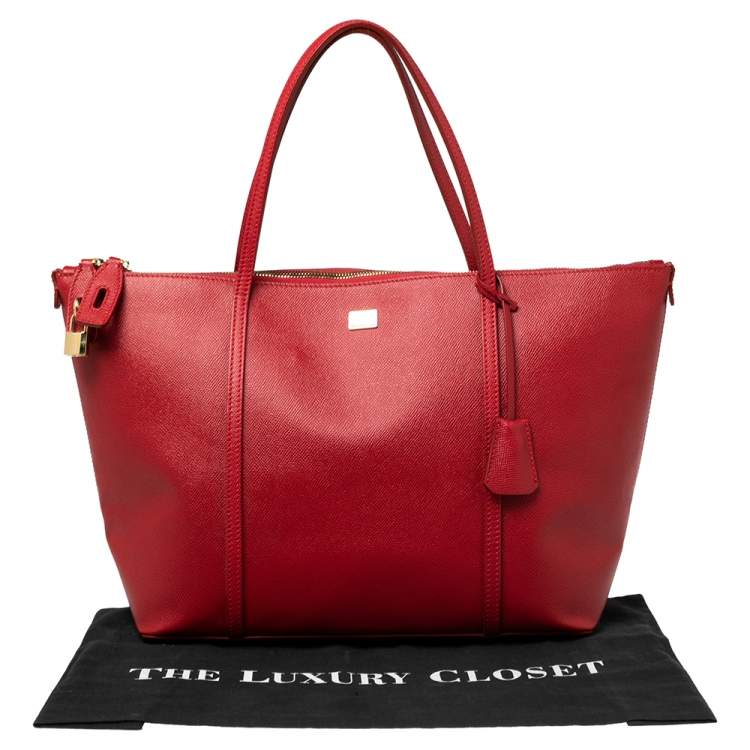 Pre Owned Dolce & Gabbana Red Leather Miss Escape Top Zip Shopper Tote
