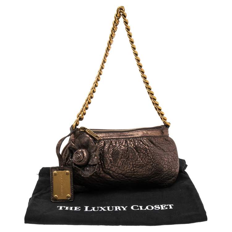 Pre Owned Dolce & Gabbana Dark Copper Textured Leather Floral Applique Chain Clutch