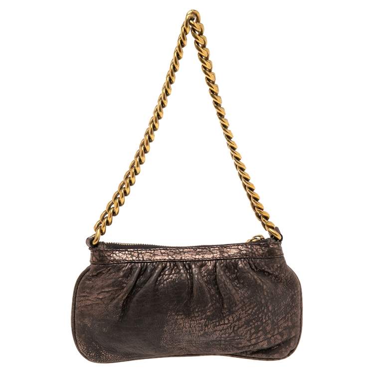 Pre Owned Dolce & Gabbana Dark Copper Textured Leather Floral Applique Chain Clutch