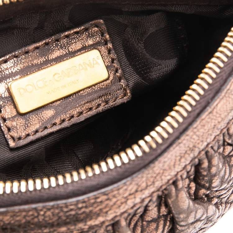 Pre Owned Dolce & Gabbana Dark Copper Textured Leather Floral Applique Chain Clutch