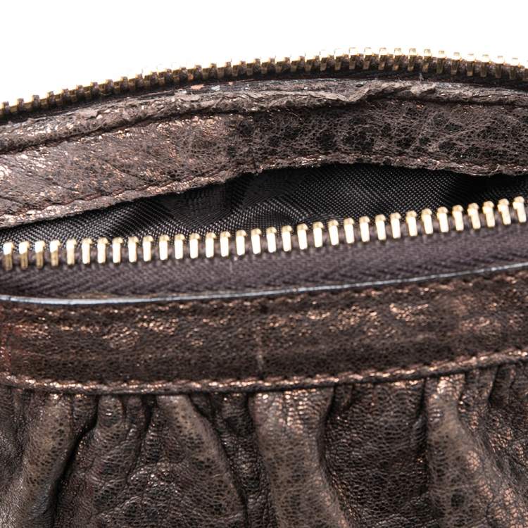 Pre Owned Dolce & Gabbana Dark Copper Textured Leather Floral Applique Chain Clutch