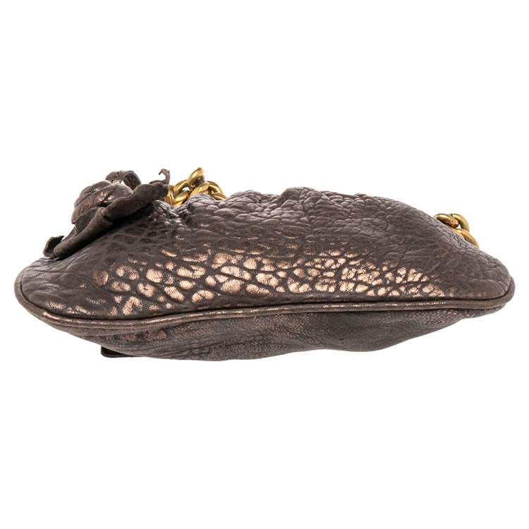 Pre Owned Dolce & Gabbana Dark Copper Textured Leather Floral Applique Chain Clutch