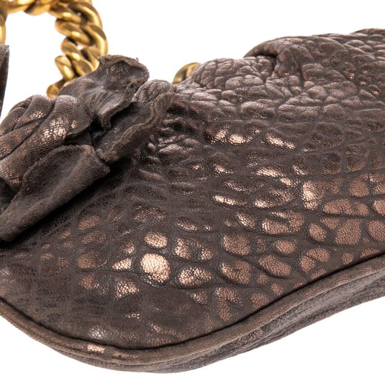 Pre Owned Dolce & Gabbana Dark Copper Textured Leather Floral Applique Chain Clutch