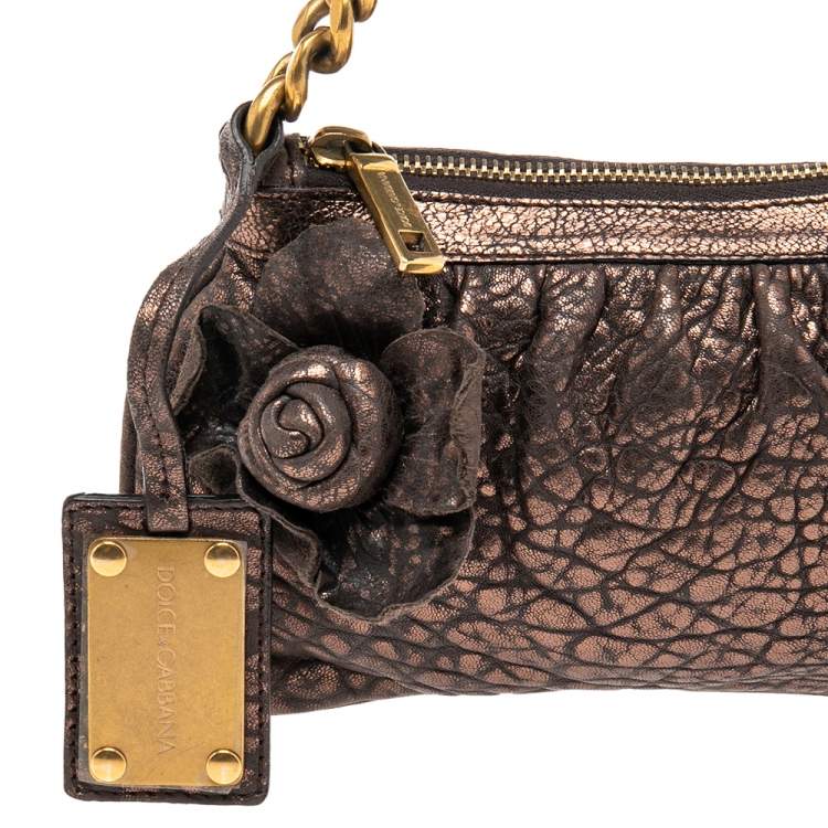 Pre Owned Dolce & Gabbana Dark Copper Textured Leather Floral Applique Chain Clutch