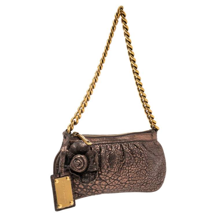 Pre Owned Dolce & Gabbana Dark Copper Textured Leather Floral Applique Chain Clutch