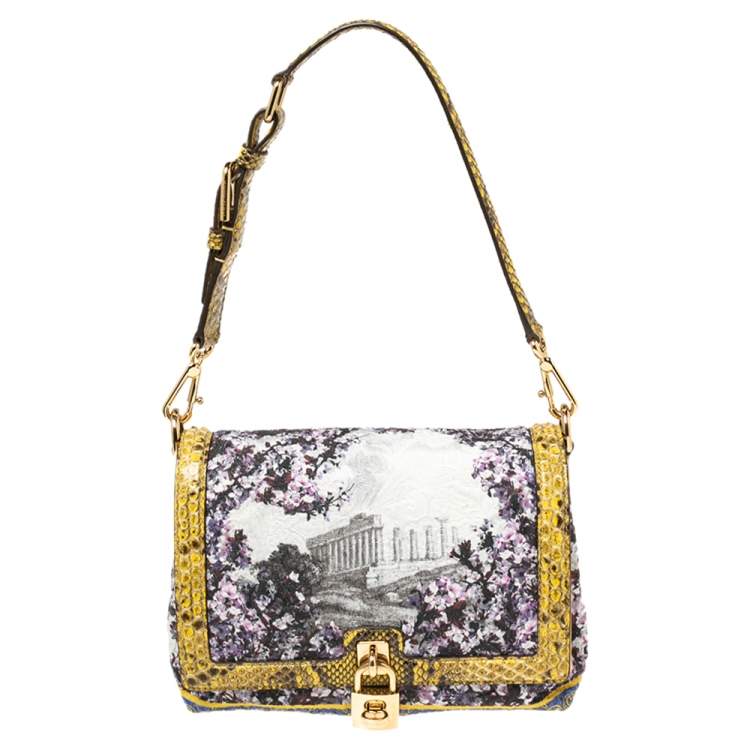 Pre Owned Dolce & Gabbana Multicolor Fabric and Python Trim Padlock Shoulder Bag