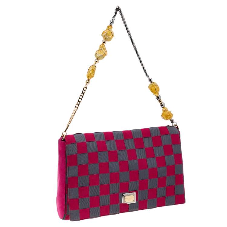 Pre Owned Dolce & Gabbana Grey/Pink Canvas Flap Chain Clutch