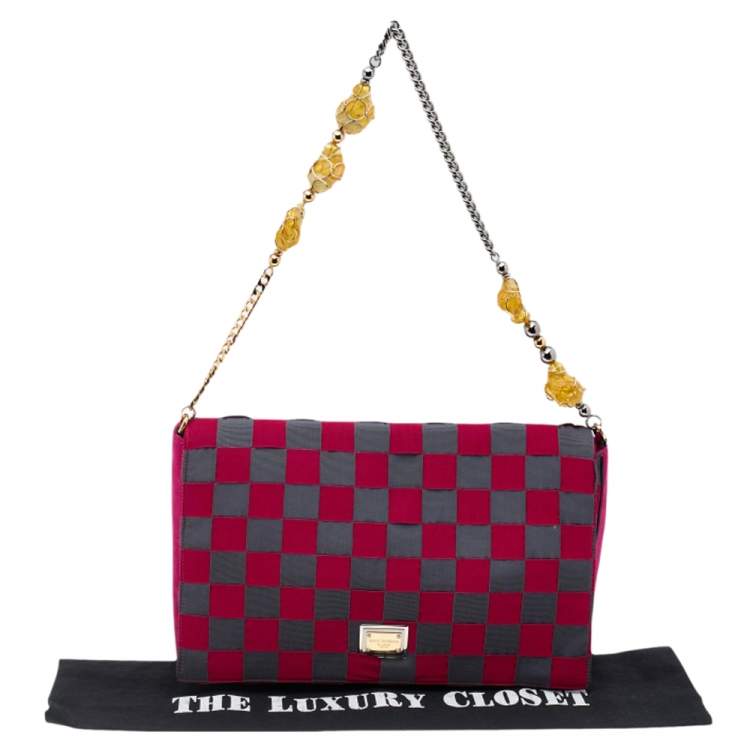 Pre Owned Dolce & Gabbana Grey/Pink Canvas Flap Chain Clutch
