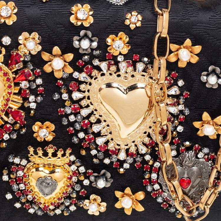 Pre Owned Dolce & Gabbana Black Brocade Fabric & Leather Heart Embellished Shoulder Bag