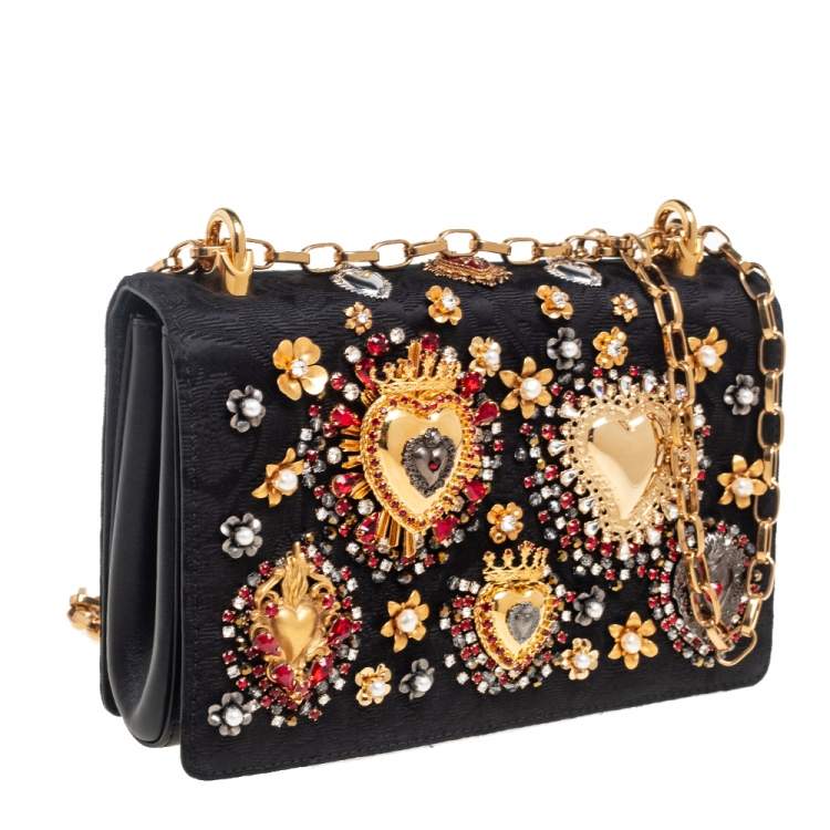Pre Owned Dolce & Gabbana Black Brocade Fabric & Leather Heart Embellished Shoulder Bag