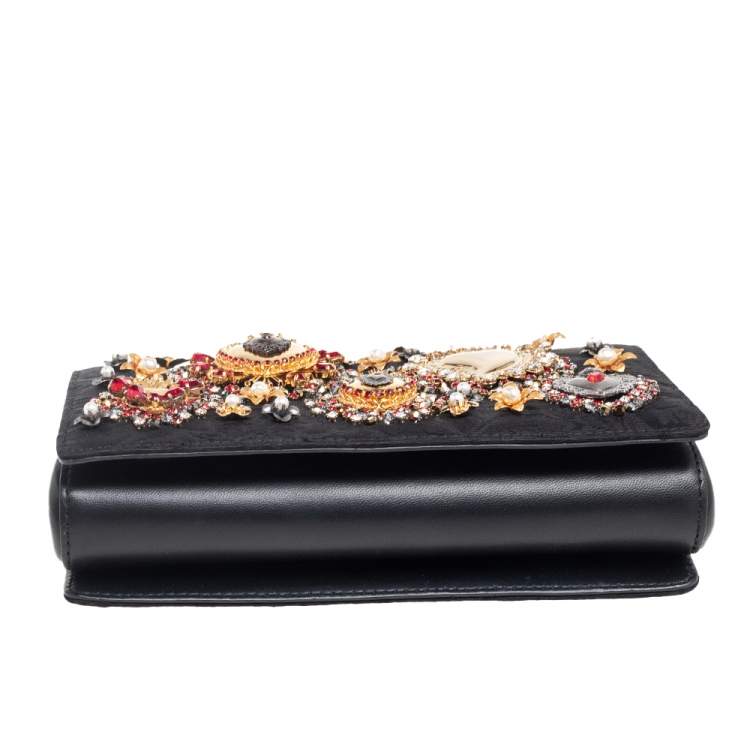 Pre Owned Dolce & Gabbana Black Brocade Fabric & Leather Heart Embellished Shoulder Bag