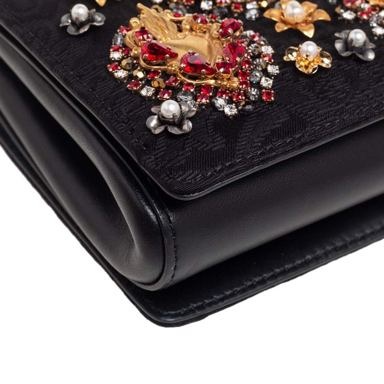 Pre Owned Dolce & Gabbana Black Brocade Fabric & Leather Heart Embellished Shoulder Bag