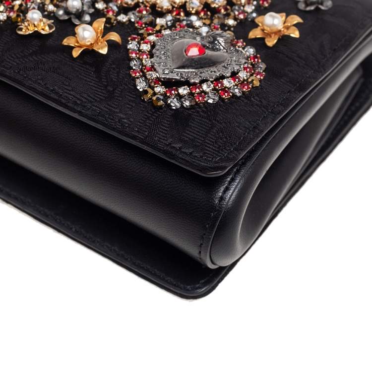 Pre Owned Dolce & Gabbana Black Brocade Fabric & Leather Heart Embellished Shoulder Bag