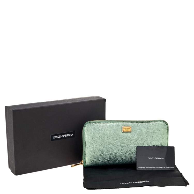 Pre Owned Dolce & Gabbana Metallic Green Leather Zip Around Wallet