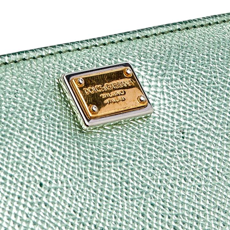 Pre Owned Dolce & Gabbana Metallic Green Leather Zip Around Wallet