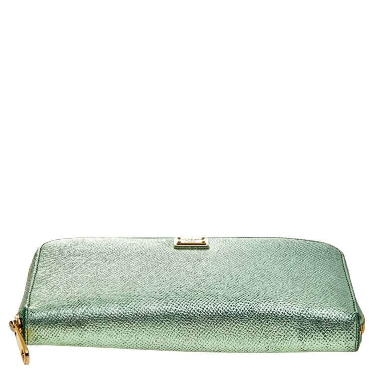 Pre Owned Dolce & Gabbana Metallic Green Leather Zip Around Wallet