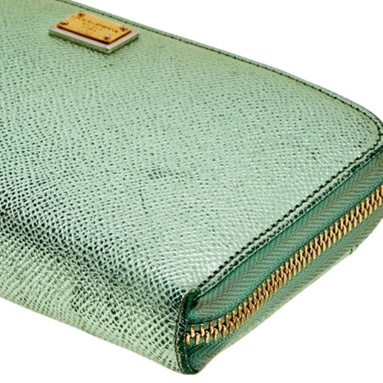 Pre Owned Dolce & Gabbana Metallic Green Leather Zip Around Wallet