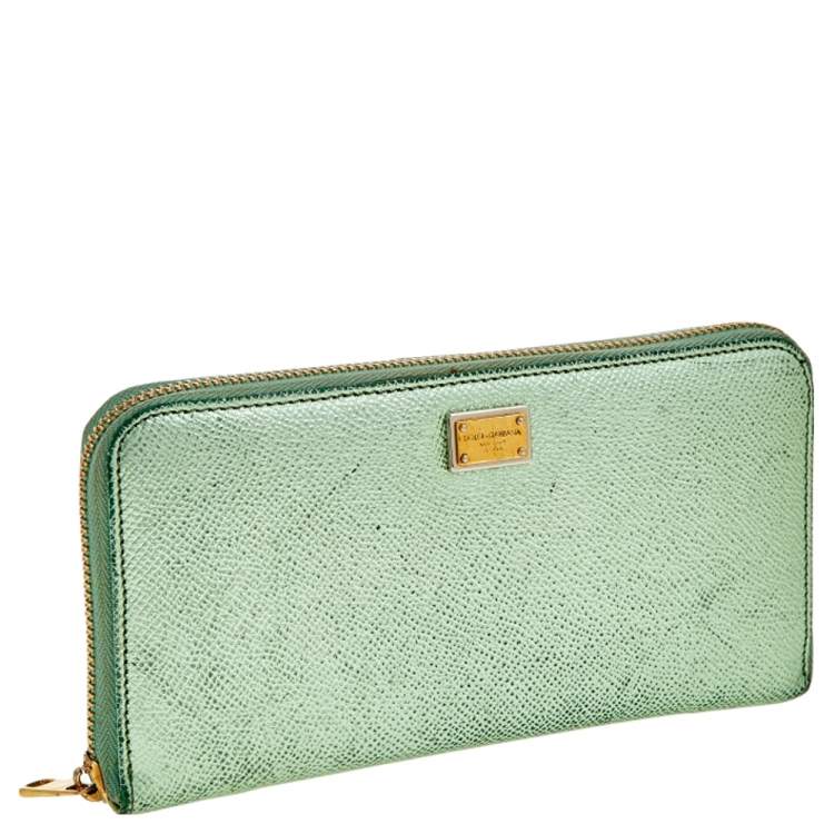 Pre Owned Dolce & Gabbana Metallic Green Leather Zip Around Wallet