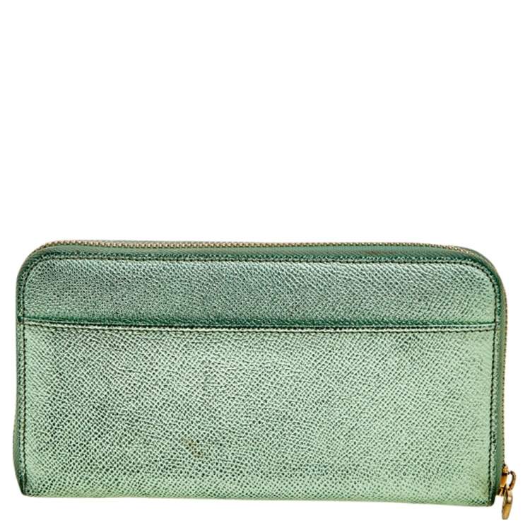 Pre Owned Dolce & Gabbana Metallic Green Leather Zip Around Wallet