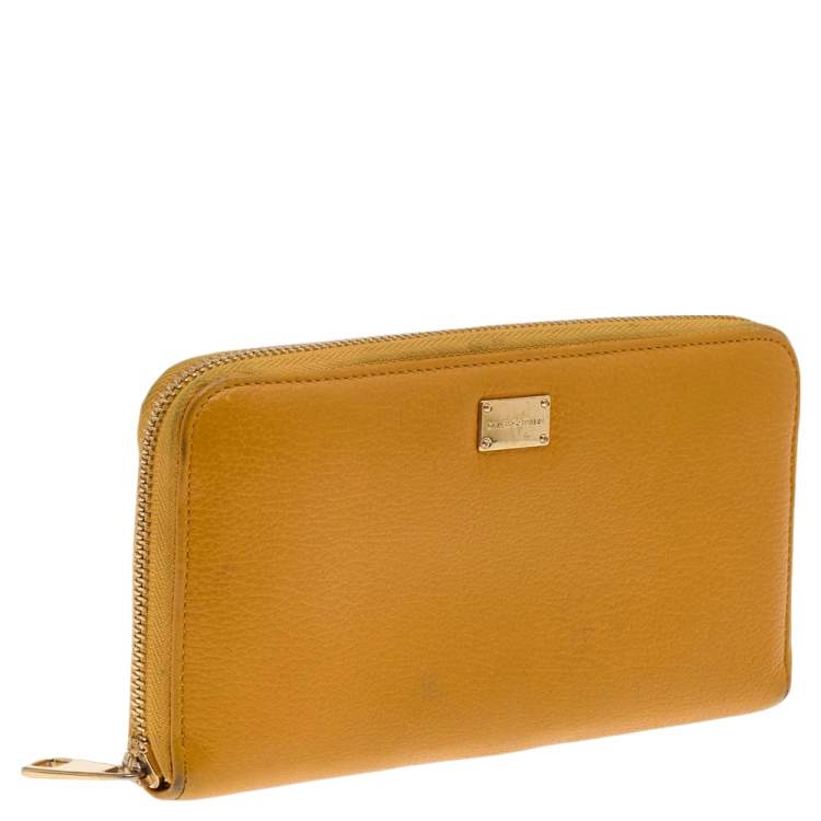 Pre Owned Dolce & Gabbana Yellow Leather Zip Around Wallet