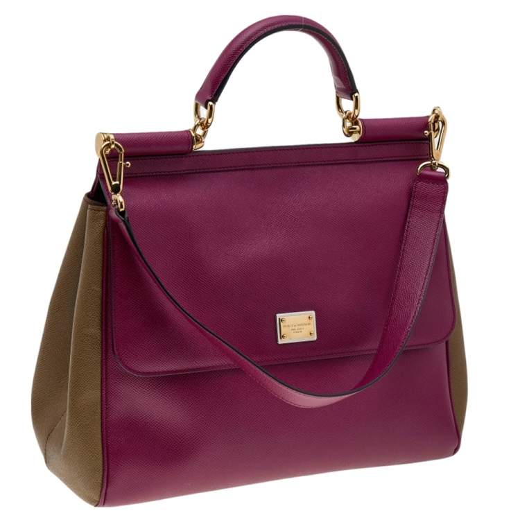 Pre Owned Dolce & Gabbana Burgundy/Olive Green Leather Large Miss Sicily Top Handle Bag