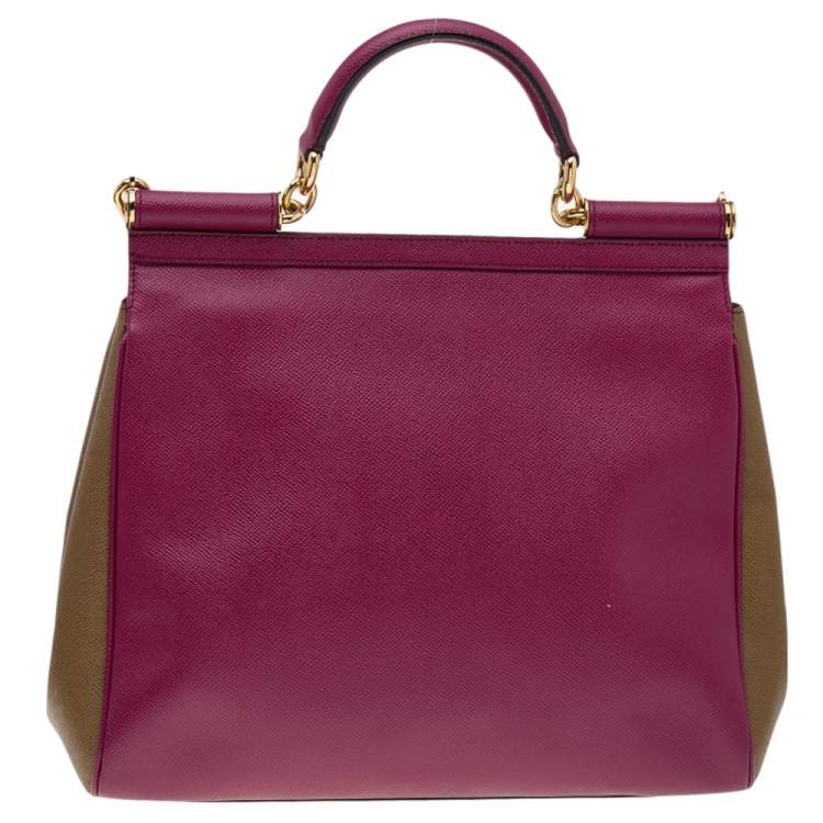 Pre Owned Dolce & Gabbana Burgundy/Olive Green Leather Large Miss Sicily Top Handle Bag