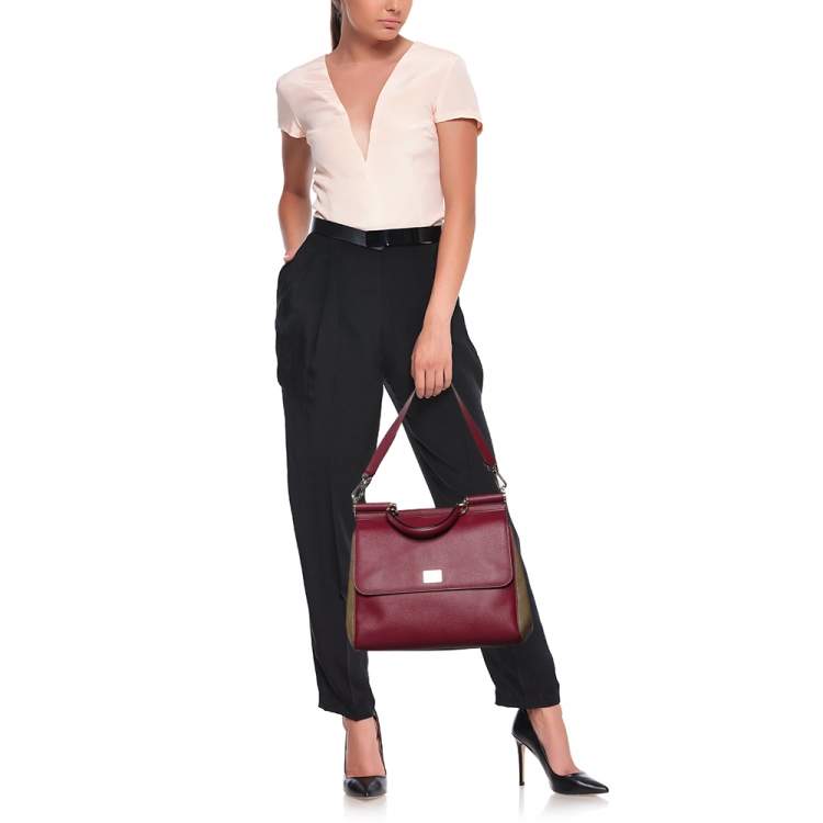 Pre Owned Dolce & Gabbana Burgundy/Olive Green Leather Large Miss Sicily Top Handle Bag