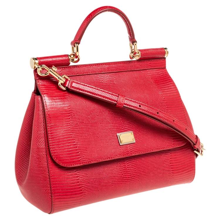 Pre Owned Dolce & Gabbana Red Lizard Embossed Leather Medium Miss Sicily Top Handle Bag