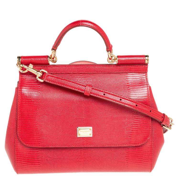 Pre Owned Dolce & Gabbana Red Lizard Embossed Leather Medium Miss Sicily Top Handle Bag