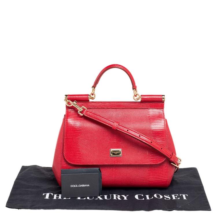Pre Owned Dolce & Gabbana Red Lizard Embossed Leather Medium Miss Sicily Top Handle Bag