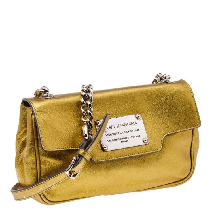 Pre Owned Dolce & Gabbana Metallic Gold Leather Flap Shoulder Bag