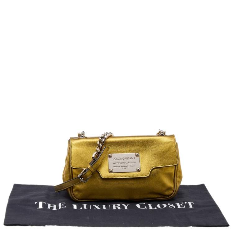 Pre Owned Dolce & Gabbana Metallic Gold Leather Flap Shoulder Bag