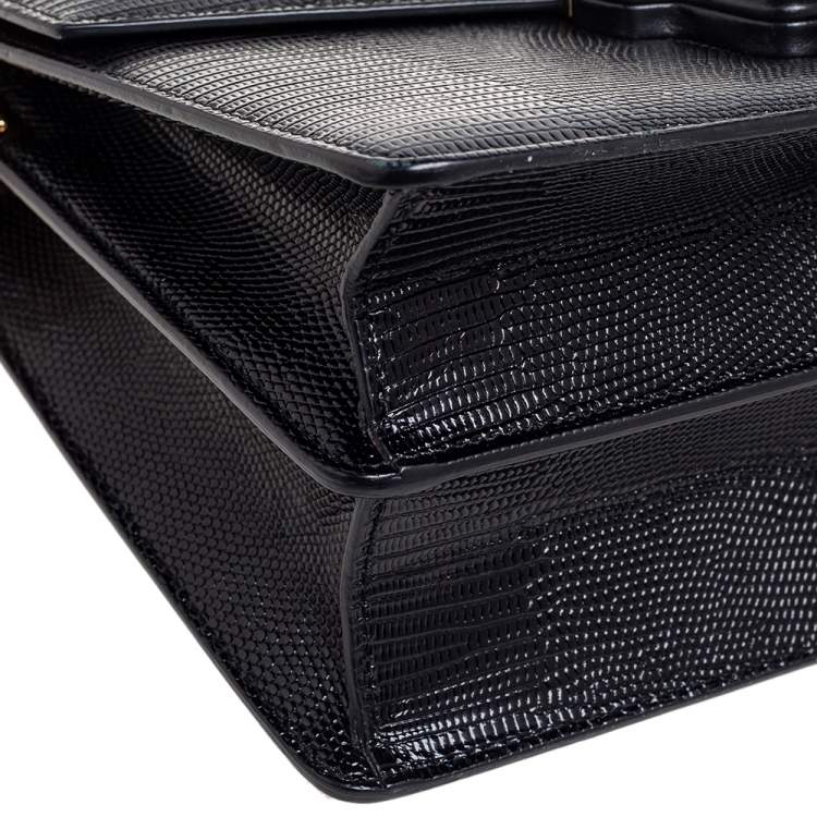 Pre Owned Dolce & Gabbana Black Lizard Embossed Leather Medium Lucia Medium Shoulder Bag