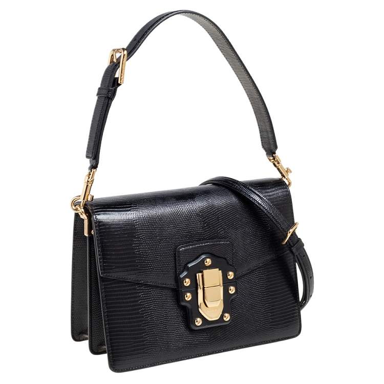 Pre Owned Dolce & Gabbana Black Lizard Embossed Leather Medium Lucia Medium Shoulder Bag