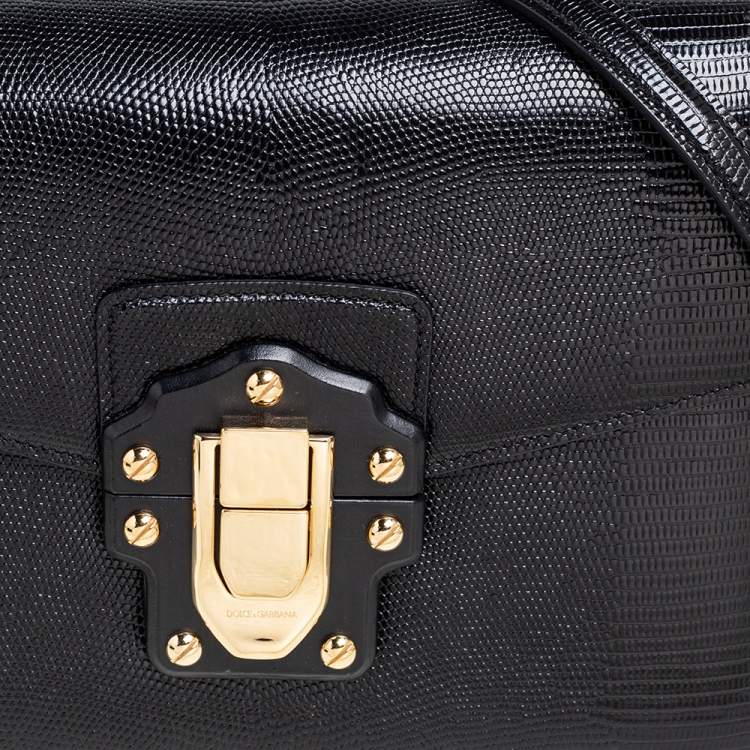 Pre Owned Dolce & Gabbana Black Lizard Embossed Leather Medium Lucia Medium Shoulder Bag
