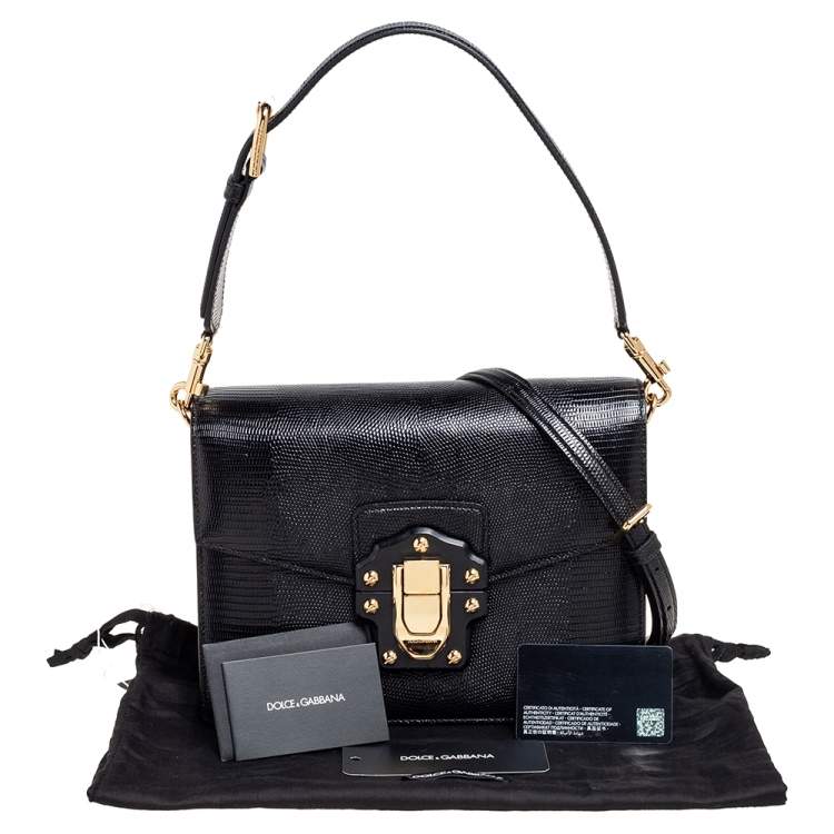 Pre Owned Dolce & Gabbana Black Lizard Embossed Leather Medium Lucia Medium Shoulder Bag