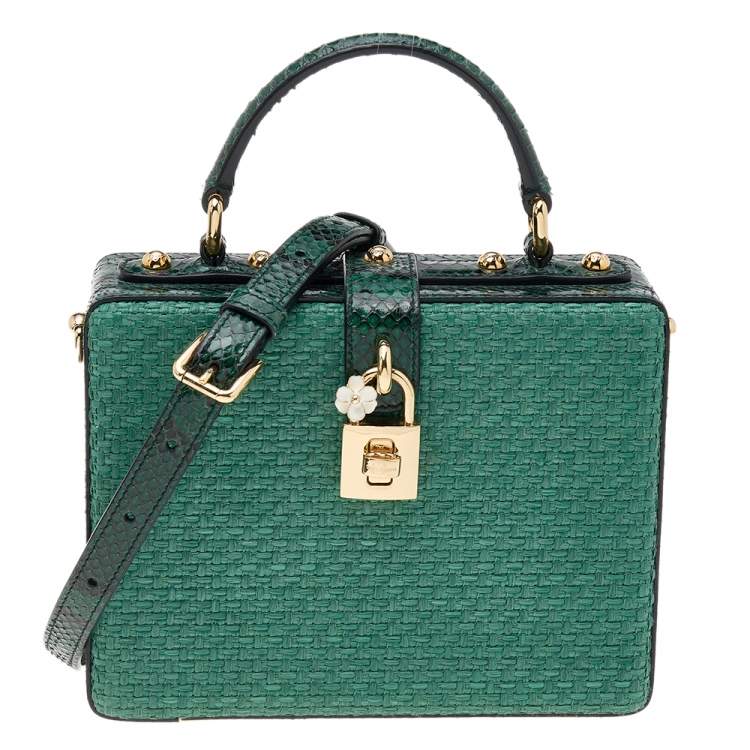 Pre Owned Dolce & Gabbana Green Python and Raffia Padlock Box Bag