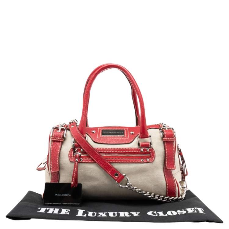 Pre Owned Dolce & Gabbana Red/Offwhite Leather And Canvas Miss Easy Way Boston Bag