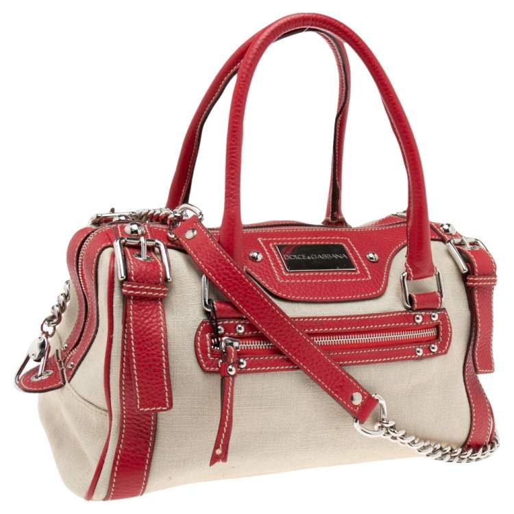Pre Owned Dolce & Gabbana Red/Offwhite Leather And Canvas Miss Easy Way Boston Bag
