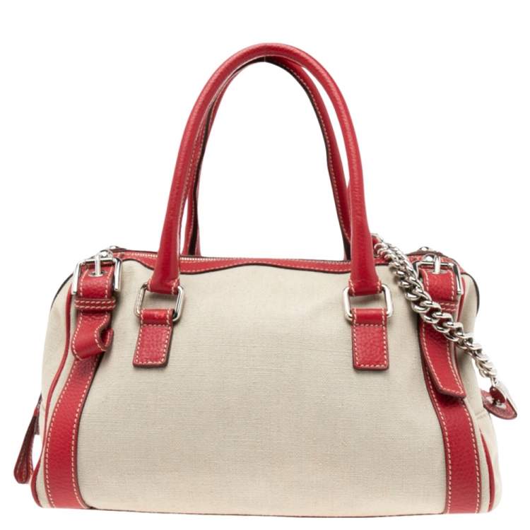Pre Owned Dolce & Gabbana Red/Offwhite Leather And Canvas Miss Easy Way Boston Bag