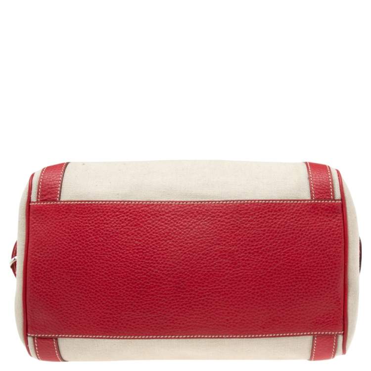 Pre Owned Dolce & Gabbana Red/Offwhite Leather And Canvas Miss Easy Way Boston Bag