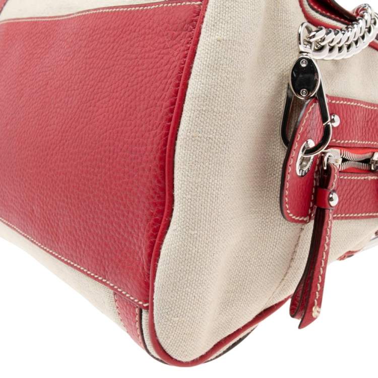 Pre Owned Dolce & Gabbana Red/Offwhite Leather And Canvas Miss Easy Way Boston Bag
